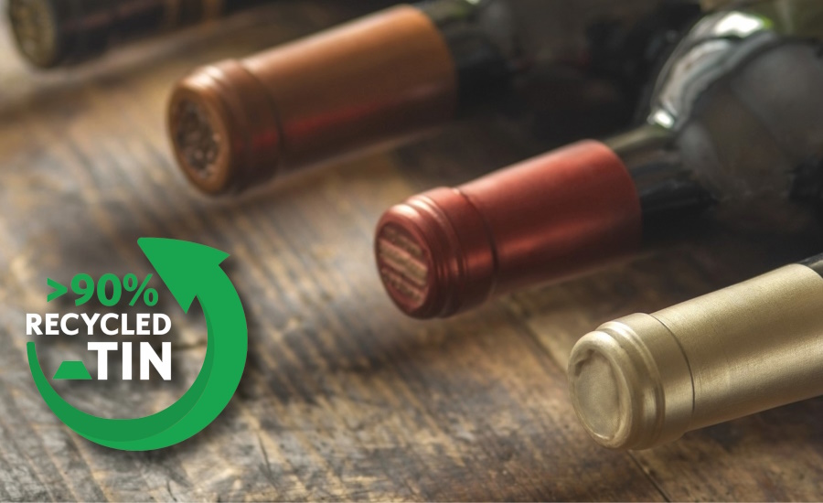 Amcor Capsules 在葡萄酒、烈酒和起泡箔的膠囊中使用回收錫